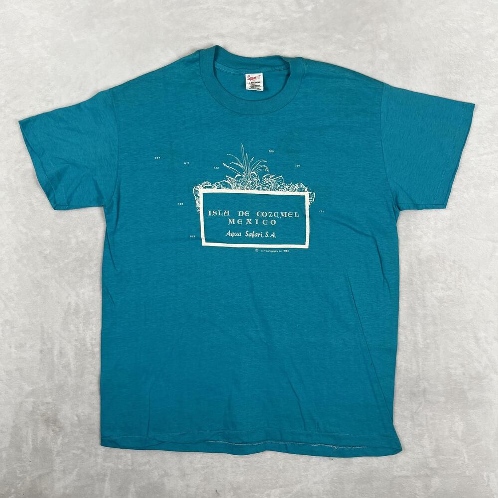 Vintage Isla De Cozumel Mexico T-Shirt Mens XL Teal Caribbean Map 1983 Stedman